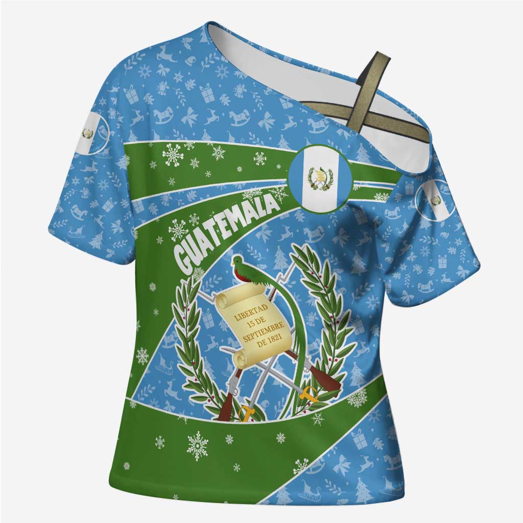 Guatemala Christmas Cross Shoulder Shirt with Blue Green Christmas Quetzal Bird Gift and Coat of Arms - Wonder Print Shop