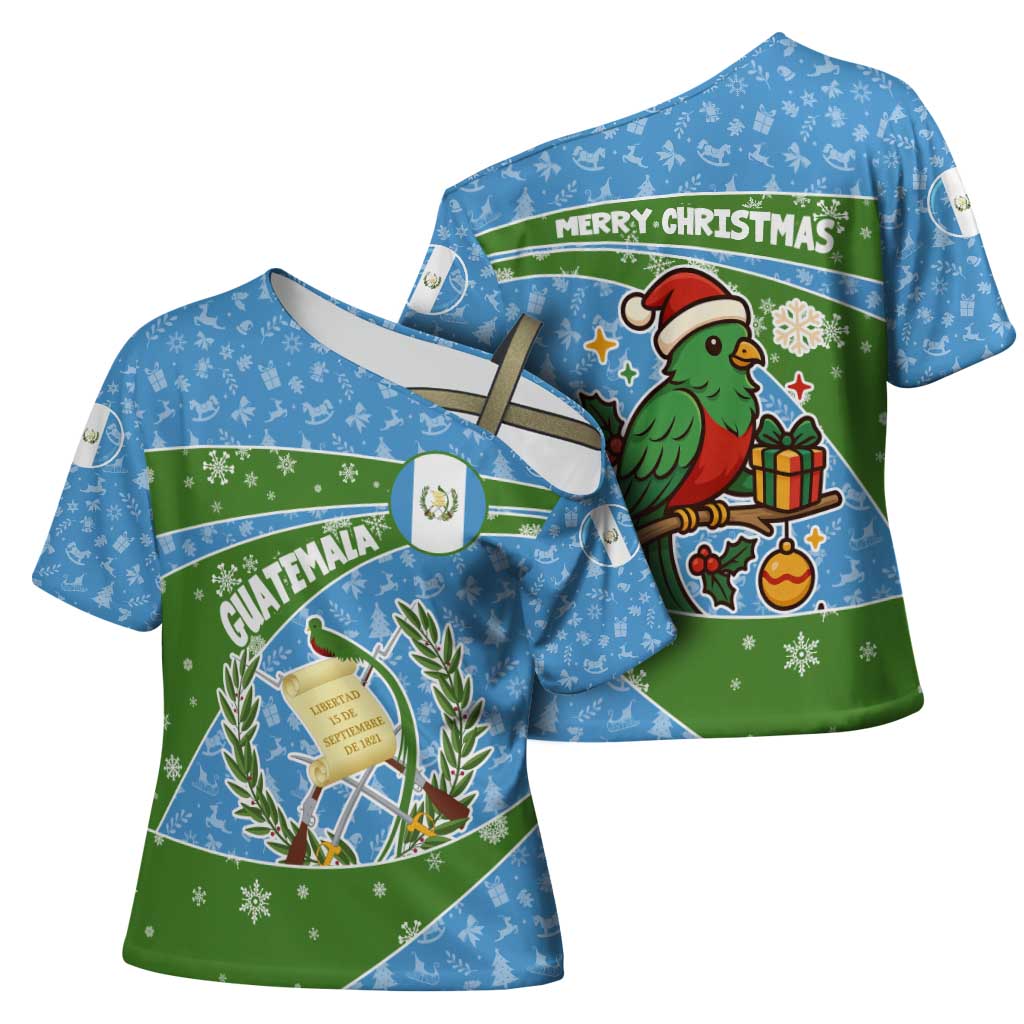 Guatemala Christmas Cross Shoulder Shirt with Blue Green Christmas Quetzal Bird Gift and Coat of Arms - Wonder Print Shop