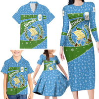Guatemala Christmas Family Matching Long Sleeve Bodycon Dress and Hawaiian Shirt with Blue Green Christmas Quetzal Bird Gift and Coat of Arms - Wonder Print Shop