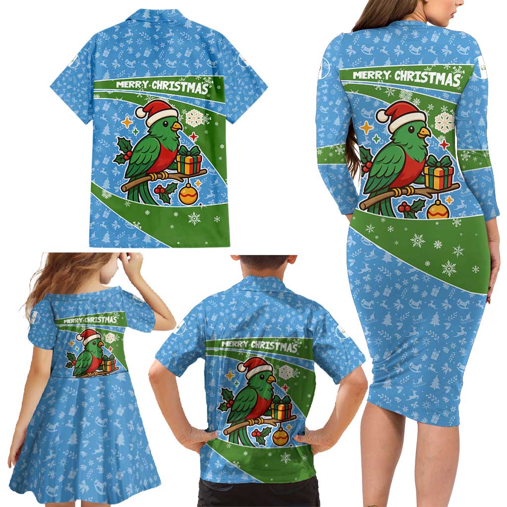 Guatemala Christmas Family Matching Long Sleeve Bodycon Dress and Hawaiian Shirt with Blue Green Christmas Quetzal Bird Gift and Coat of Arms - Wonder Print Shop