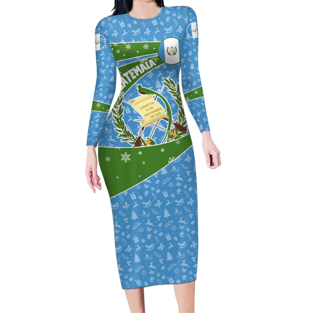 Guatemala Christmas Family Matching Long Sleeve Bodycon Dress and Hawaiian Shirt with Blue Green Christmas Quetzal Bird Gift and Coat of Arms - Wonder Print Shop