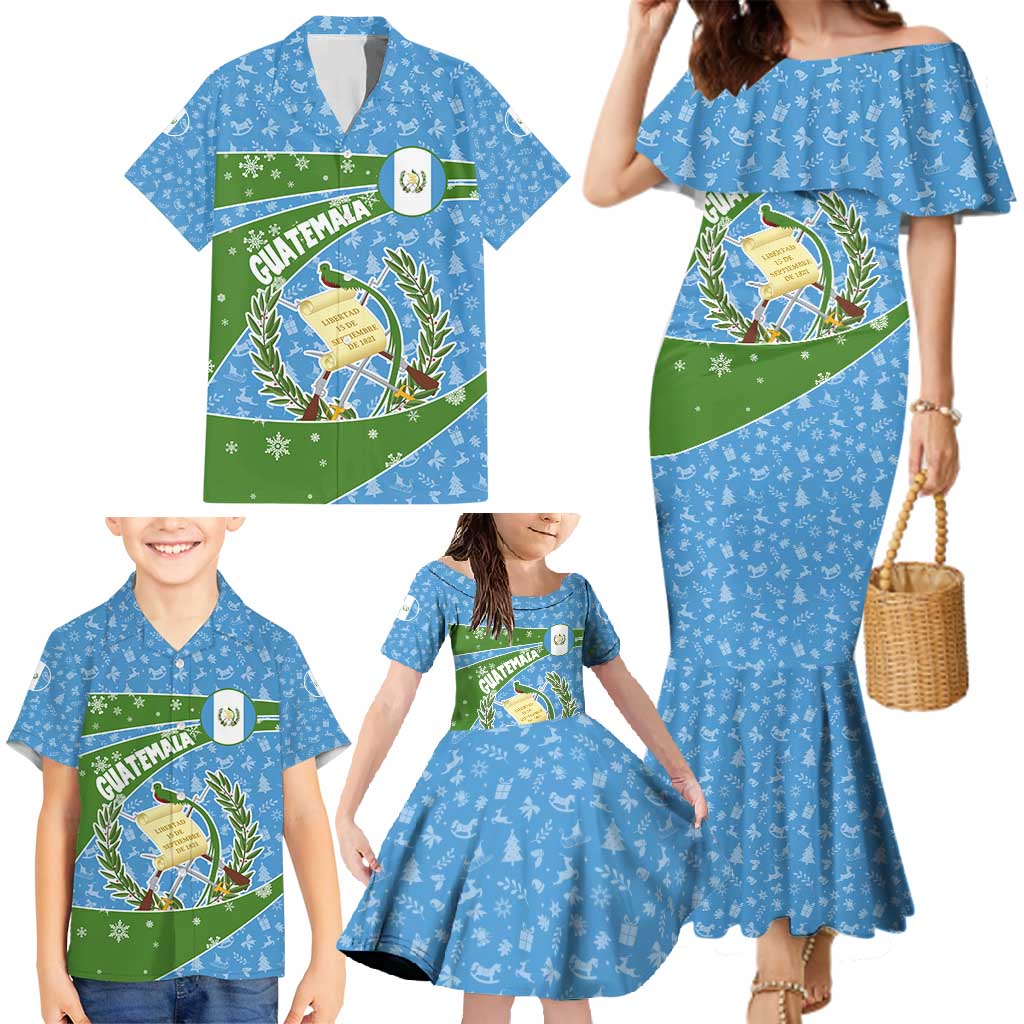 Guatemala Christmas Family Matching Mermaid Dress and Hawaiian Shirt with Blue Green Christmas Quetzal Bird Gift and Coat of Arms - Wonder Print Shop