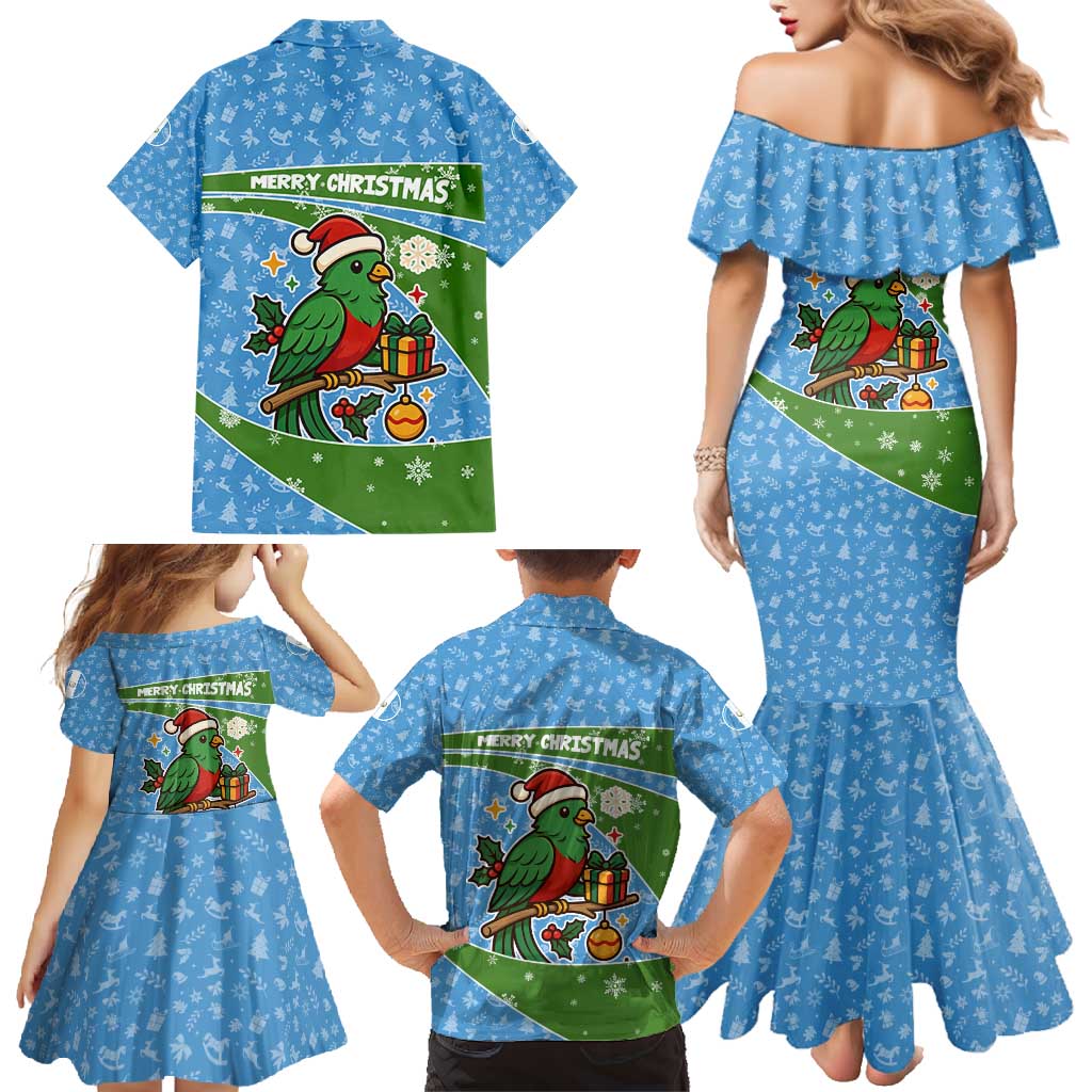 Guatemala Christmas Family Matching Mermaid Dress and Hawaiian Shirt with Blue Green Christmas Quetzal Bird Gift and Coat of Arms - Wonder Print Shop