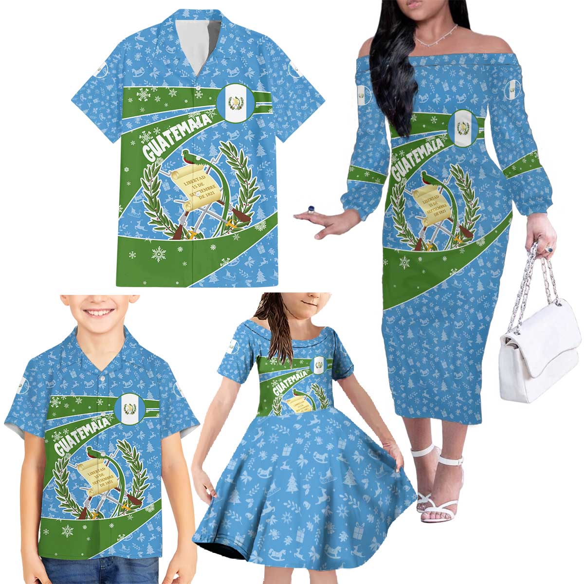 Guatemala Christmas Family Matching Off The Shoulder Long Sleeve Dress and Hawaiian Shirt with Blue Green Christmas Quetzal Bird Gift and Coat of Arms - Wonder Print Shop