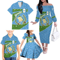 Guatemala Christmas Family Matching Off The Shoulder Long Sleeve Dress and Hawaiian Shirt with Blue Green Christmas Quetzal Bird Gift and Coat of Arms - Wonder Print Shop