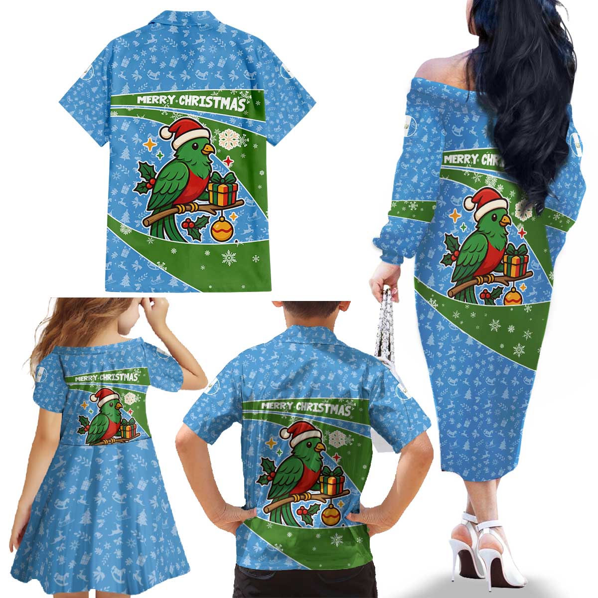 Guatemala Christmas Family Matching Off The Shoulder Long Sleeve Dress and Hawaiian Shirt with Blue Green Christmas Quetzal Bird Gift and Coat of Arms - Wonder Print Shop