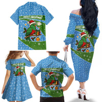 Guatemala Christmas Family Matching Off The Shoulder Long Sleeve Dress and Hawaiian Shirt with Blue Green Christmas Quetzal Bird Gift and Coat of Arms - Wonder Print Shop