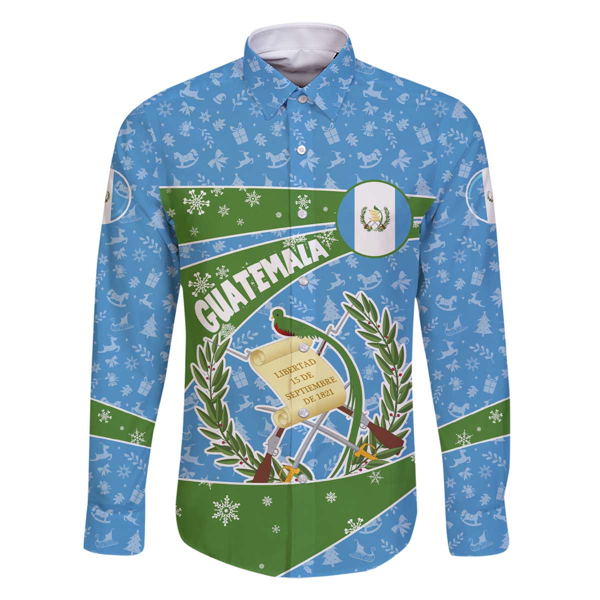 Guatemala Christmas Family Matching Off The Shoulder Long Sleeve Dress and Hawaiian Shirt with Blue Green Christmas Quetzal Bird Gift and Coat of Arms - Wonder Print Shop
