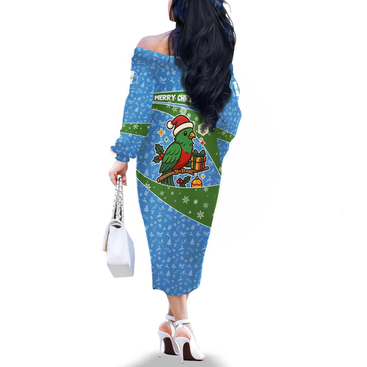 Guatemala Christmas Family Matching Off The Shoulder Long Sleeve Dress and Hawaiian Shirt with Blue Green Christmas Quetzal Bird Gift and Coat of Arms - Wonder Print Shop