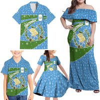 Guatemala Christmas Family Matching Off Shoulder Maxi Dress and Hawaiian Shirt with Blue Green Christmas Quetzal Bird Gift and Coat of Arms - Wonder Print Shop