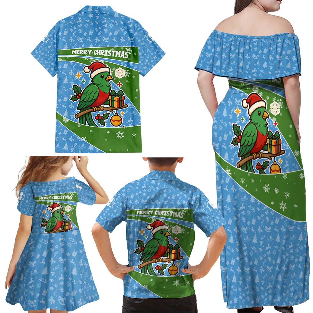 Guatemala Christmas Family Matching Off Shoulder Maxi Dress and Hawaiian Shirt with Blue Green Christmas Quetzal Bird Gift and Coat of Arms - Wonder Print Shop