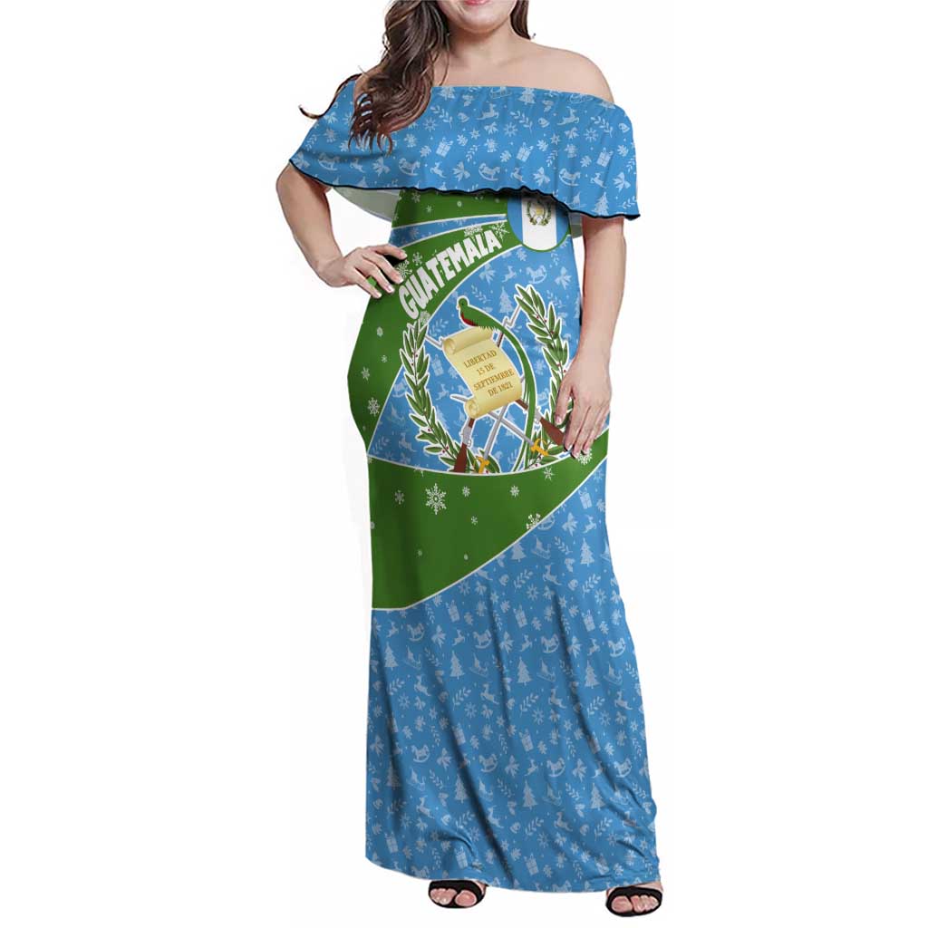 Guatemala Christmas Family Matching Off Shoulder Maxi Dress and Hawaiian Shirt with Blue Green Christmas Quetzal Bird Gift and Coat of Arms - Wonder Print Shop