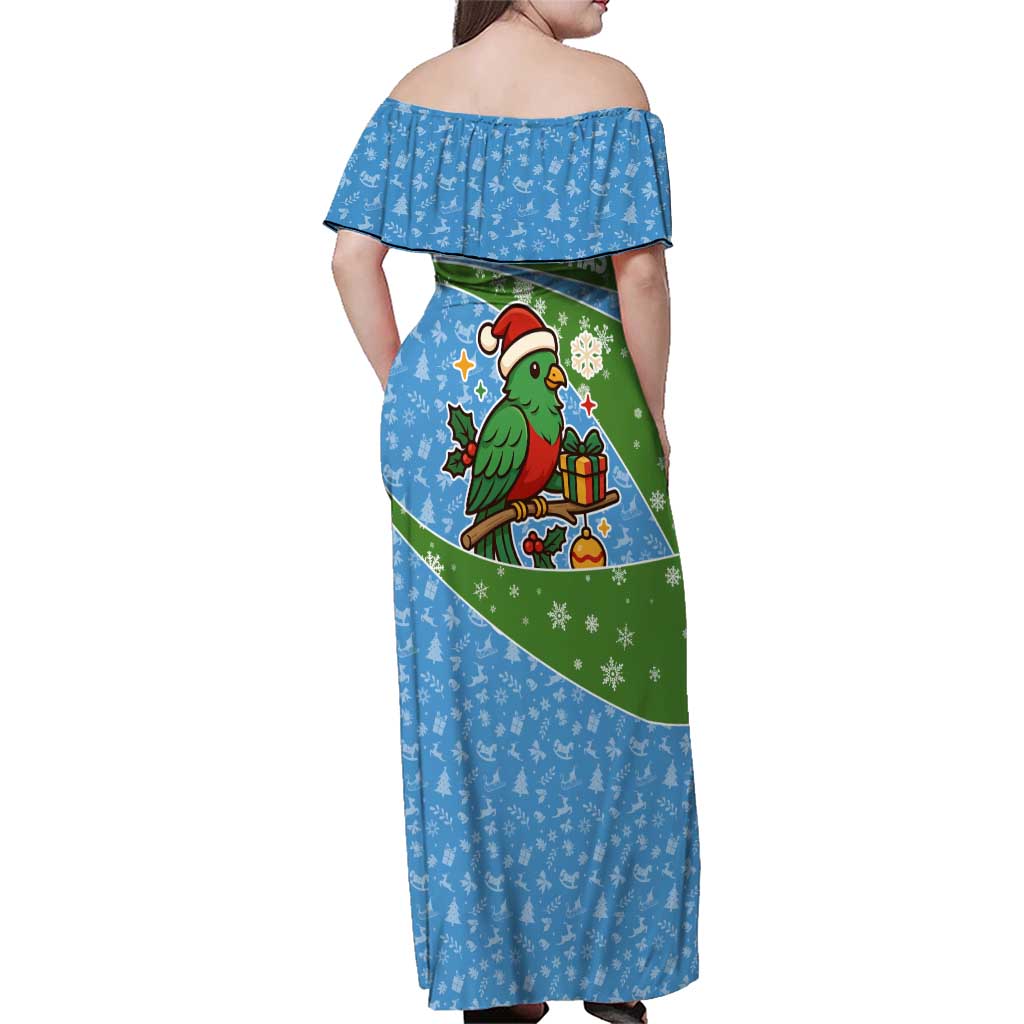 Guatemala Christmas Family Matching Off Shoulder Maxi Dress and Hawaiian Shirt with Blue Green Christmas Quetzal Bird Gift and Coat of Arms - Wonder Print Shop