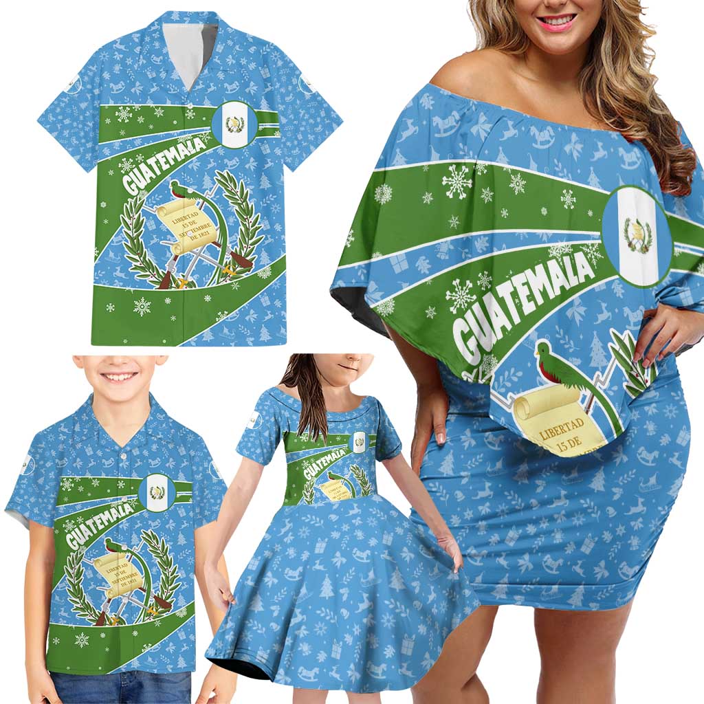 Guatemala Christmas Family Matching Off Shoulder Short Dress and Hawaiian Shirt with Blue Green Christmas Quetzal Bird Gift and Coat of Arms - Wonder Print Shop