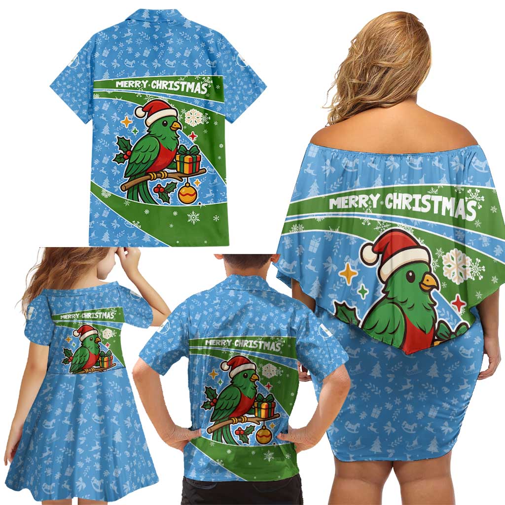 Guatemala Christmas Family Matching Off Shoulder Short Dress and Hawaiian Shirt with Blue Green Christmas Quetzal Bird Gift and Coat of Arms - Wonder Print Shop