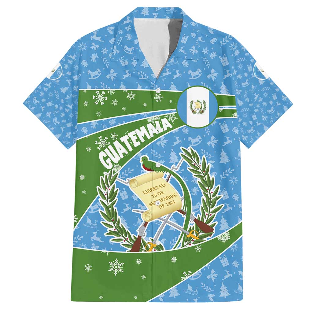 Guatemala Christmas Family Matching Off Shoulder Short Dress and Hawaiian Shirt with Blue Green Christmas Quetzal Bird Gift and Coat of Arms - Wonder Print Shop