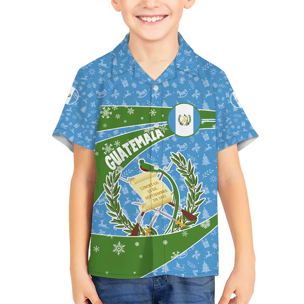 Guatemala Christmas Family Matching Off Shoulder Short Dress and Hawaiian Shirt with Blue Green Christmas Quetzal Bird Gift and Coat of Arms - Wonder Print Shop