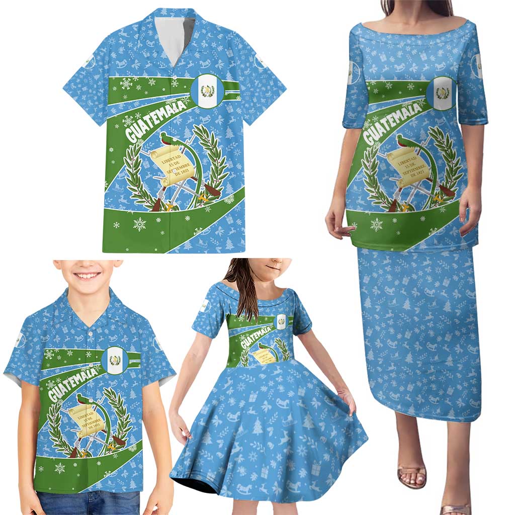 Guatemala Christmas Family Matching Puletasi and Hawaiian Shirt with Blue Green Christmas Quetzal Bird Gift and Coat of Arms - Wonder Print Shop