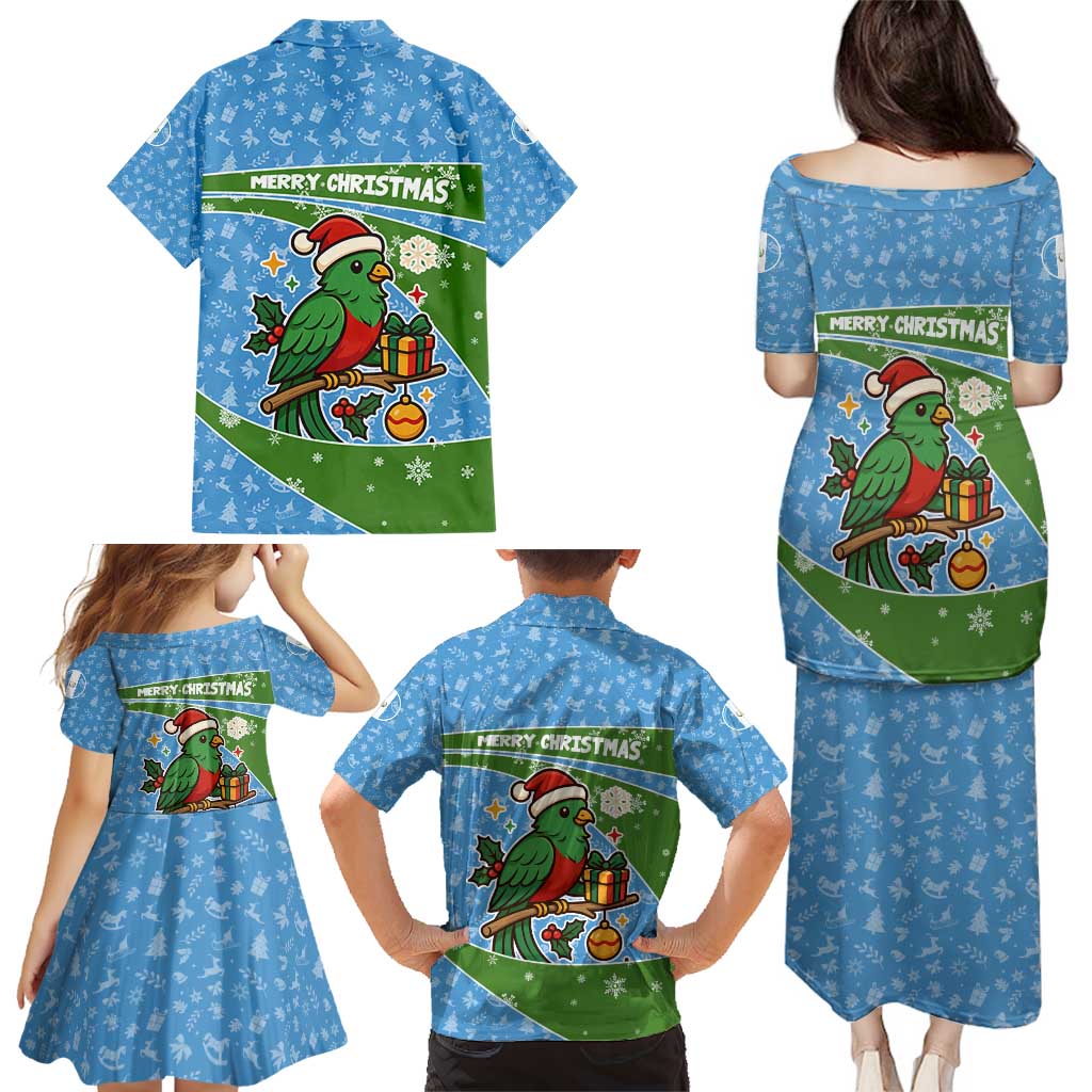Guatemala Christmas Family Matching Puletasi and Hawaiian Shirt with Blue Green Christmas Quetzal Bird Gift and Coat of Arms - Wonder Print Shop