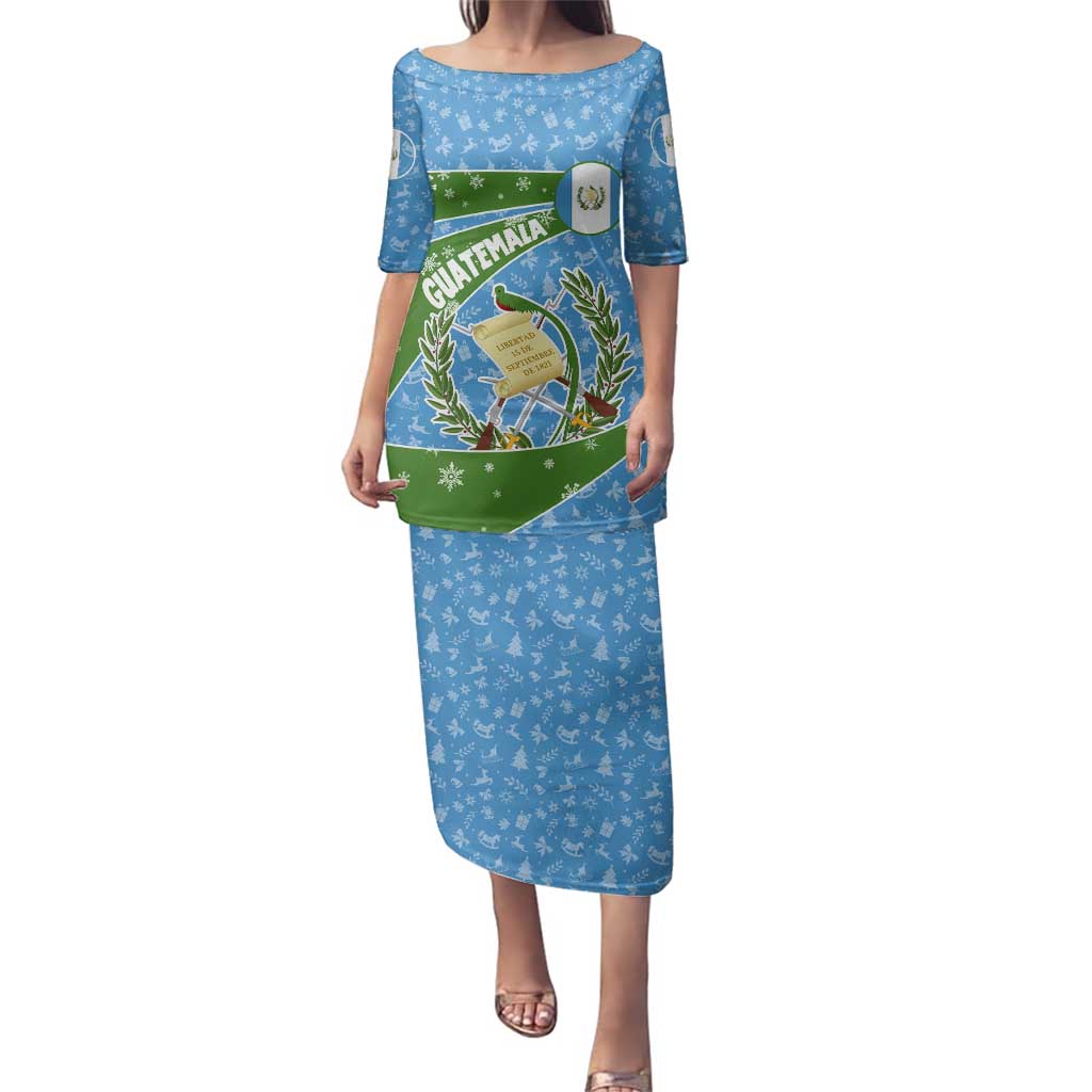 Guatemala Christmas Family Matching Puletasi and Hawaiian Shirt with Blue Green Christmas Quetzal Bird Gift and Coat of Arms - Wonder Print Shop