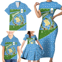 Guatemala Christmas Family Matching Short Sleeve Bodycon Dress and Hawaiian Shirt with Blue Green Christmas Quetzal Bird Gift and Coat of Arms - Wonder Print Shop