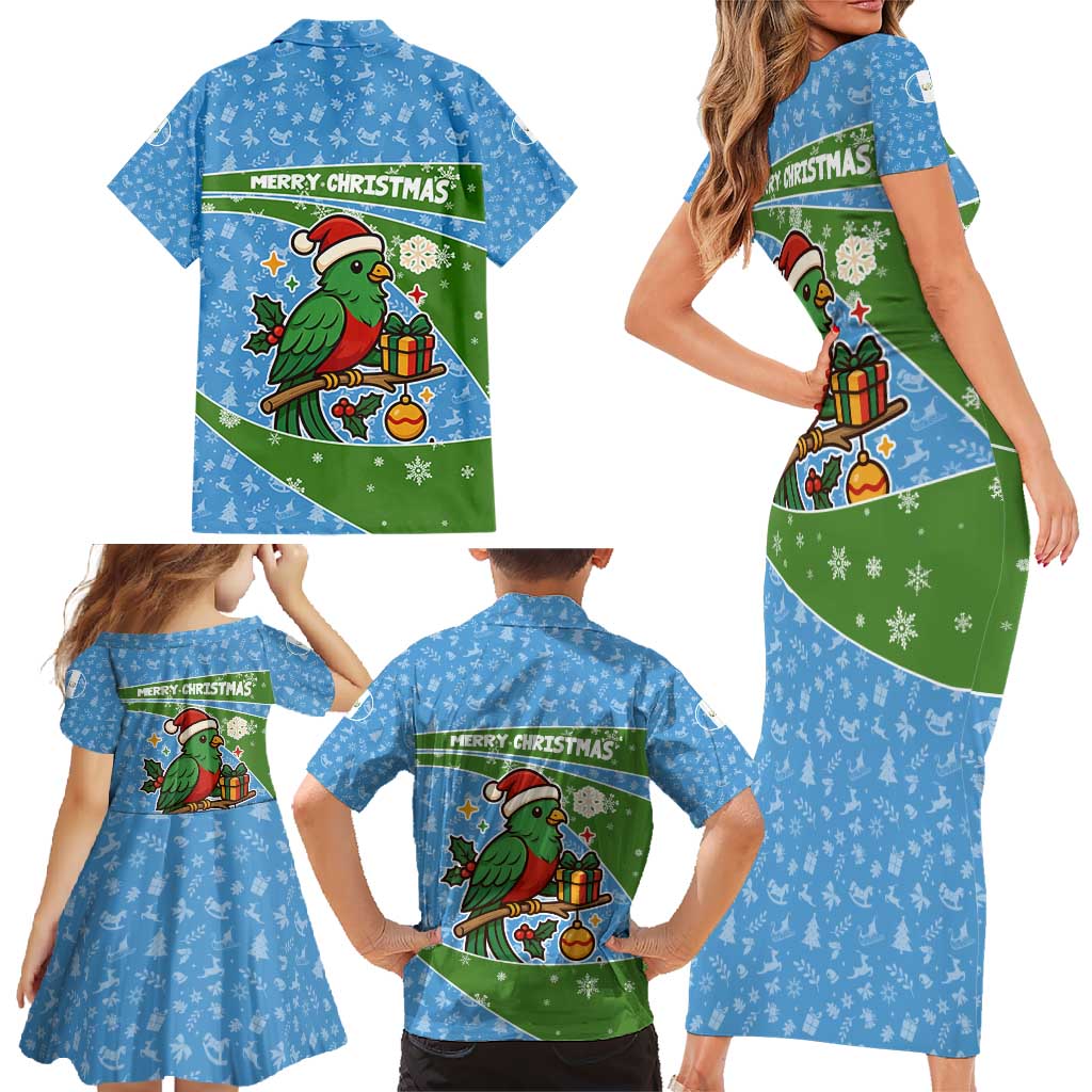 Guatemala Christmas Family Matching Short Sleeve Bodycon Dress and Hawaiian Shirt with Blue Green Christmas Quetzal Bird Gift and Coat of Arms - Wonder Print Shop