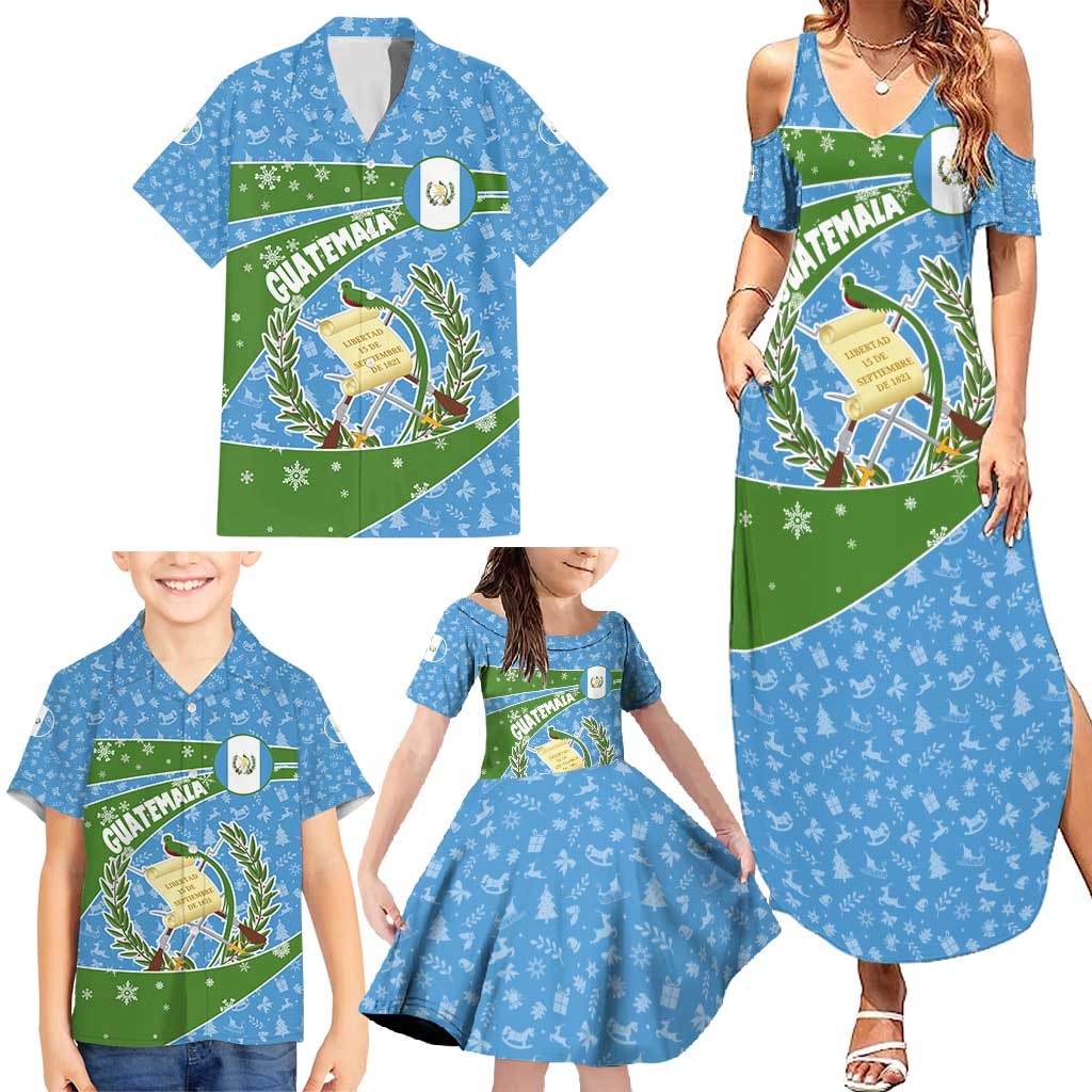 Guatemala Christmas Family Matching Summer Maxi Dress and Hawaiian Shirt with Blue Green Christmas Quetzal Bird Gift and Coat of Arms - Wonder Print Shop