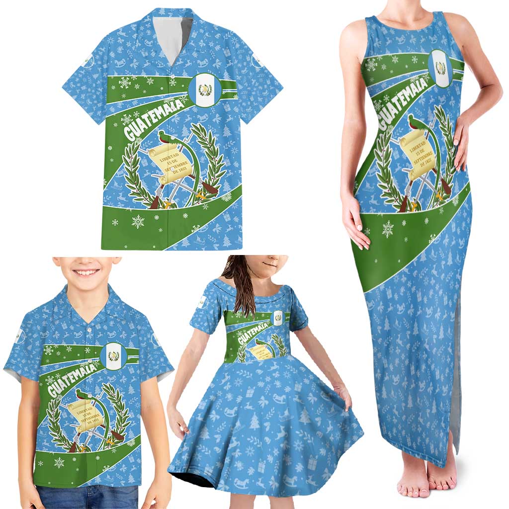Guatemala Christmas Family Matching Tank Maxi Dress and Hawaiian Shirt with Blue Green Christmas Quetzal Bird Gift and Coat of Arms - Wonder Print Shop