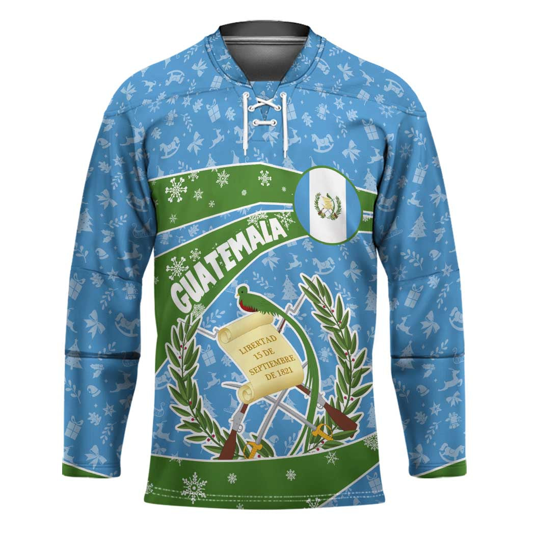 Guatemala Christmas Hockey Jersey with Blue Green Christmas Quetzal Bird Gift and Coat of Arms - Wonder Print Shop