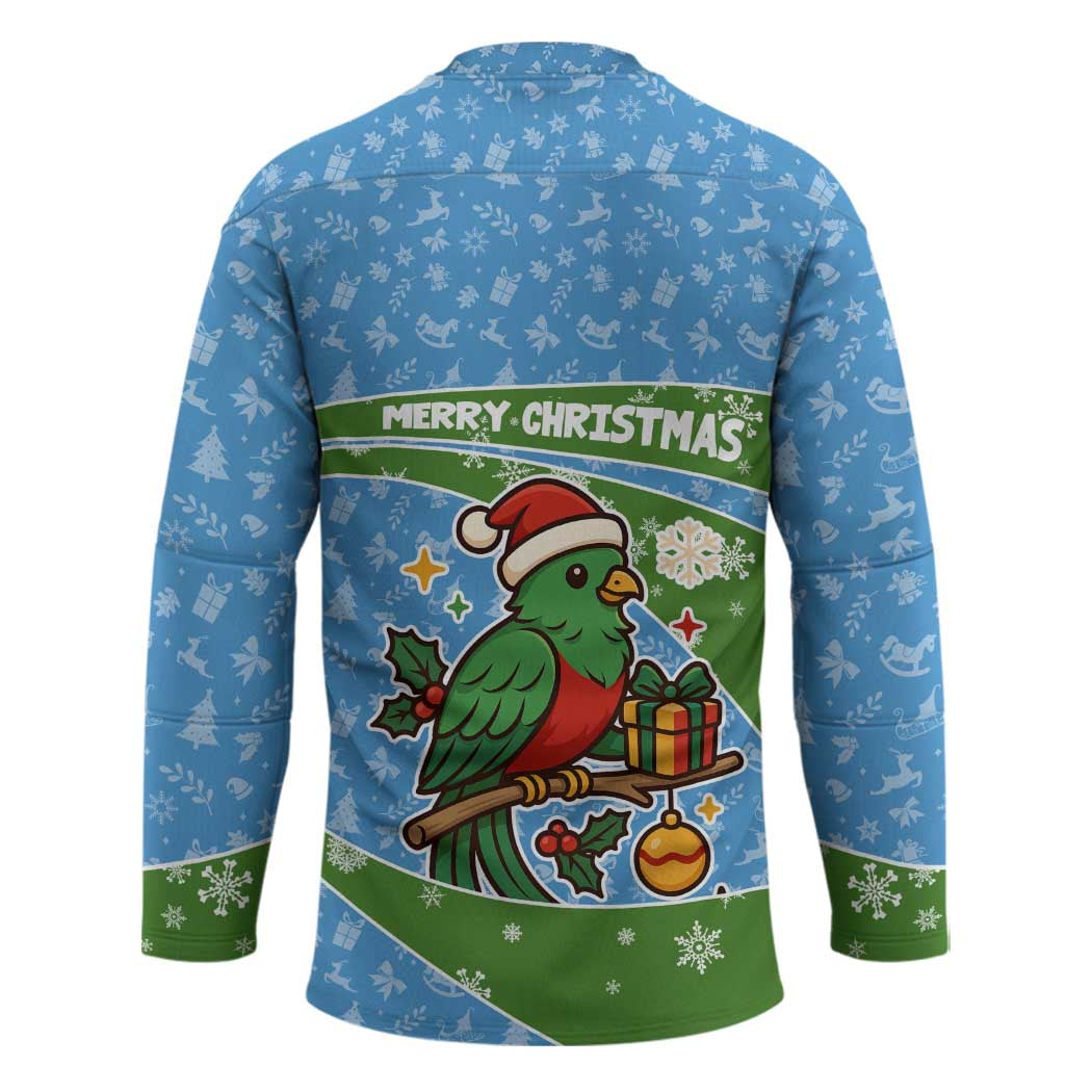 Guatemala Christmas Hockey Jersey with Blue Green Christmas Quetzal Bird Gift and Coat of Arms - Wonder Print Shop