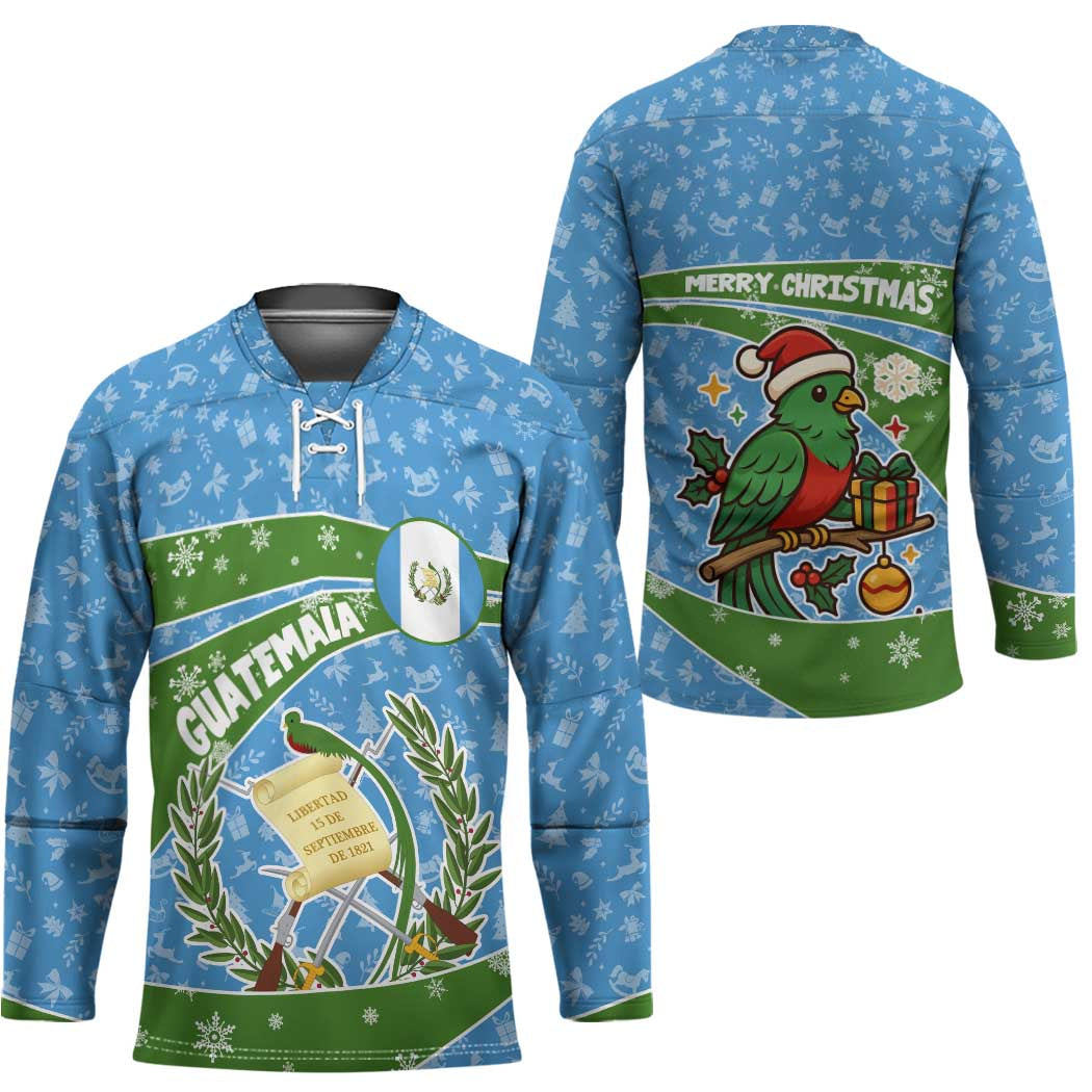 Guatemala Christmas Hockey Jersey with Blue Green Christmas Quetzal Bird Gift and Coat of Arms - Wonder Print Shop