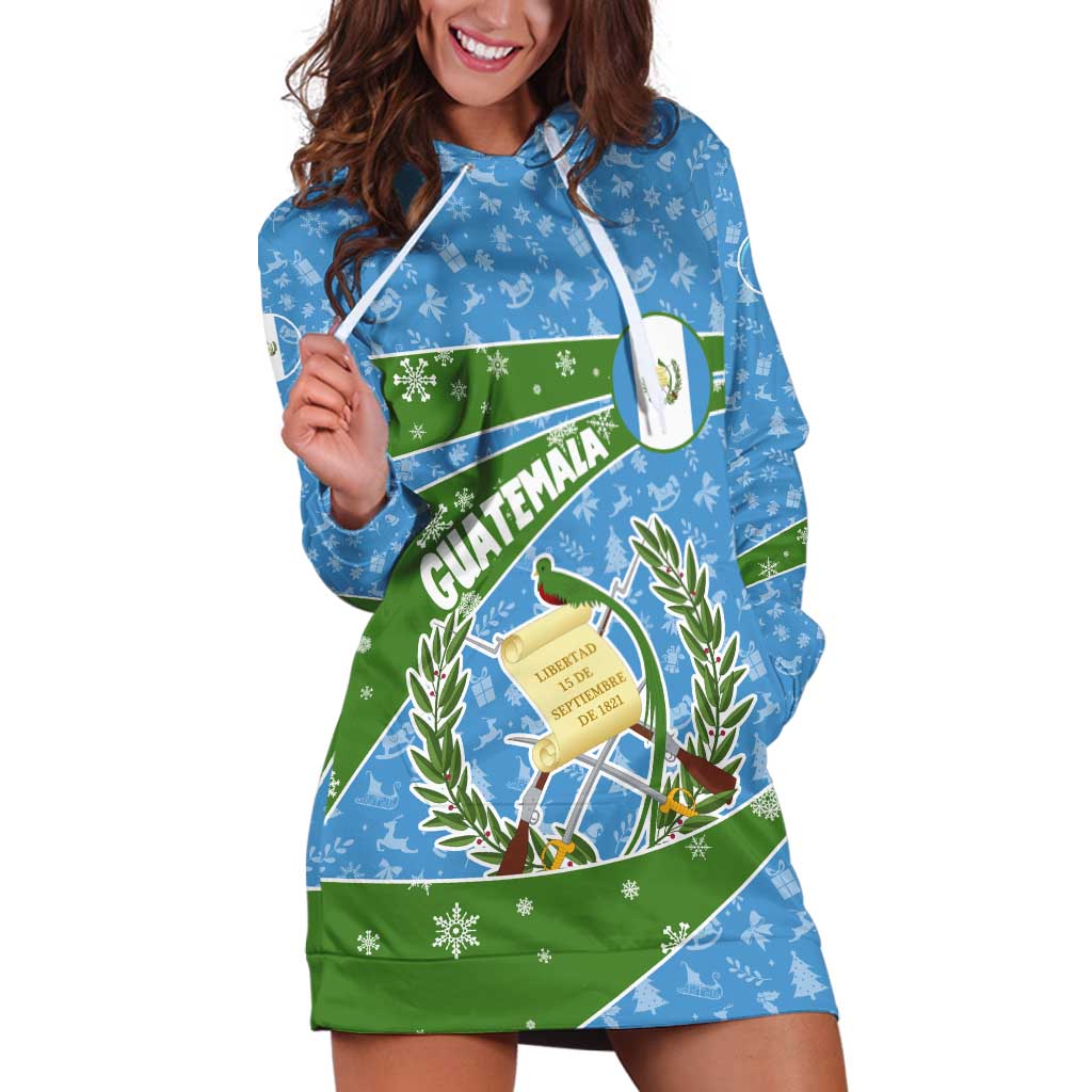 Guatemala Christmas Hoodie Dress with Blue Green Christmas Quetzal Bird Gift and Coat of Arms - Wonder Print Shop