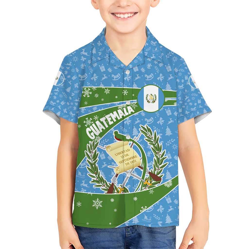 Guatemala Christmas Kid Hawaiian Shirt with Blue Green Christmas Quetzal Bird Gift and Coat of Arms - Wonder Print Shop