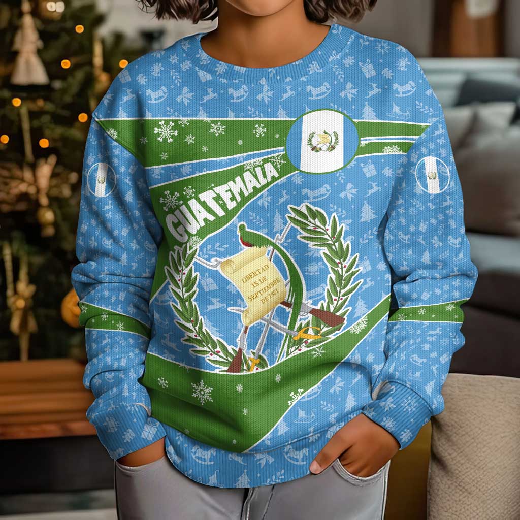 Guatemala Christmas Kid Ugly Christmas Sweater with Blue Green Christmas Quetzal Bird Gift and Coat of Arms - Wonder Print Shop