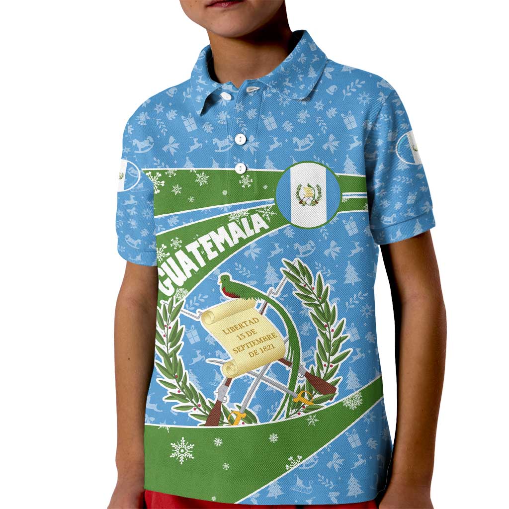 Guatemala Christmas Kid Polo Shirt with Blue Green Christmas Quetzal Bird Gift and Coat of Arms - Wonder Print Shop