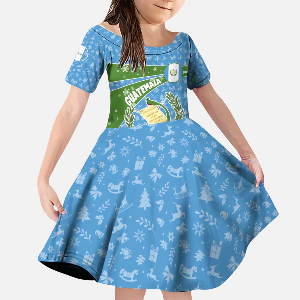 Guatemala Christmas Kid Short Sleeve Dress with Blue Green Christmas Quetzal Bird Gift and Coat of Arms - Wonder Print Shop