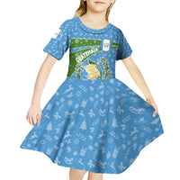 Guatemala Christmas Kid Short Sleeve Dress with Blue Green Christmas Quetzal Bird Gift and Coat of Arms - Wonder Print Shop