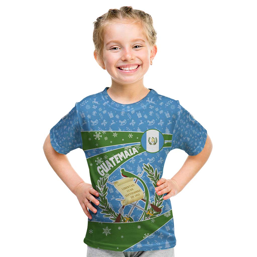 Guatemala Christmas Kid T Shirt with Blue Green Christmas Quetzal Bird Gift and Coat of Arms - Wonder Print Shop