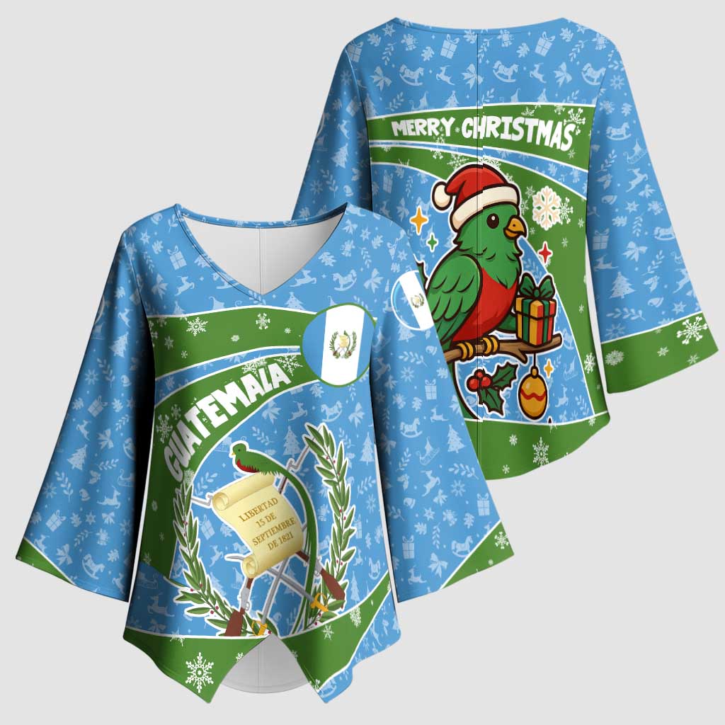 Guatemala Christmas Kimono Sleeve Blouse with Blue Green Christmas Quetzal Bird Gift and Coat of Arms - Wonder Print Shop