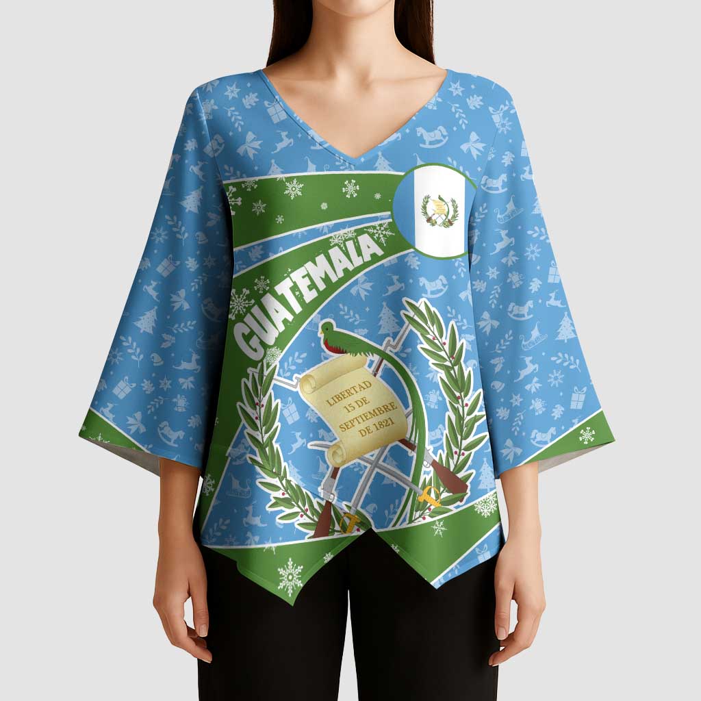 Guatemala Christmas Kimono Sleeve Blouse with Blue Green Christmas Quetzal Bird Gift and Coat of Arms - Wonder Print Shop