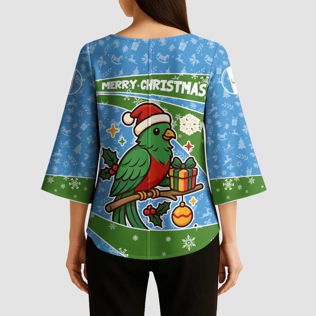 Guatemala Christmas Kimono Sleeve Blouse with Blue Green Christmas Quetzal Bird Gift and Coat of Arms - Wonder Print Shop