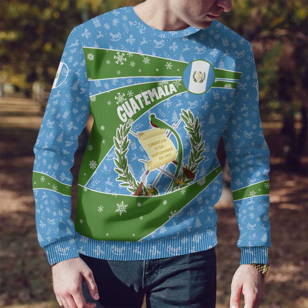 Guatemala Christmas Ugly Christmas Sweater with Blue Green Christmas Quetzal Bird Gift and Coat of Arms - Wonder Print Shop