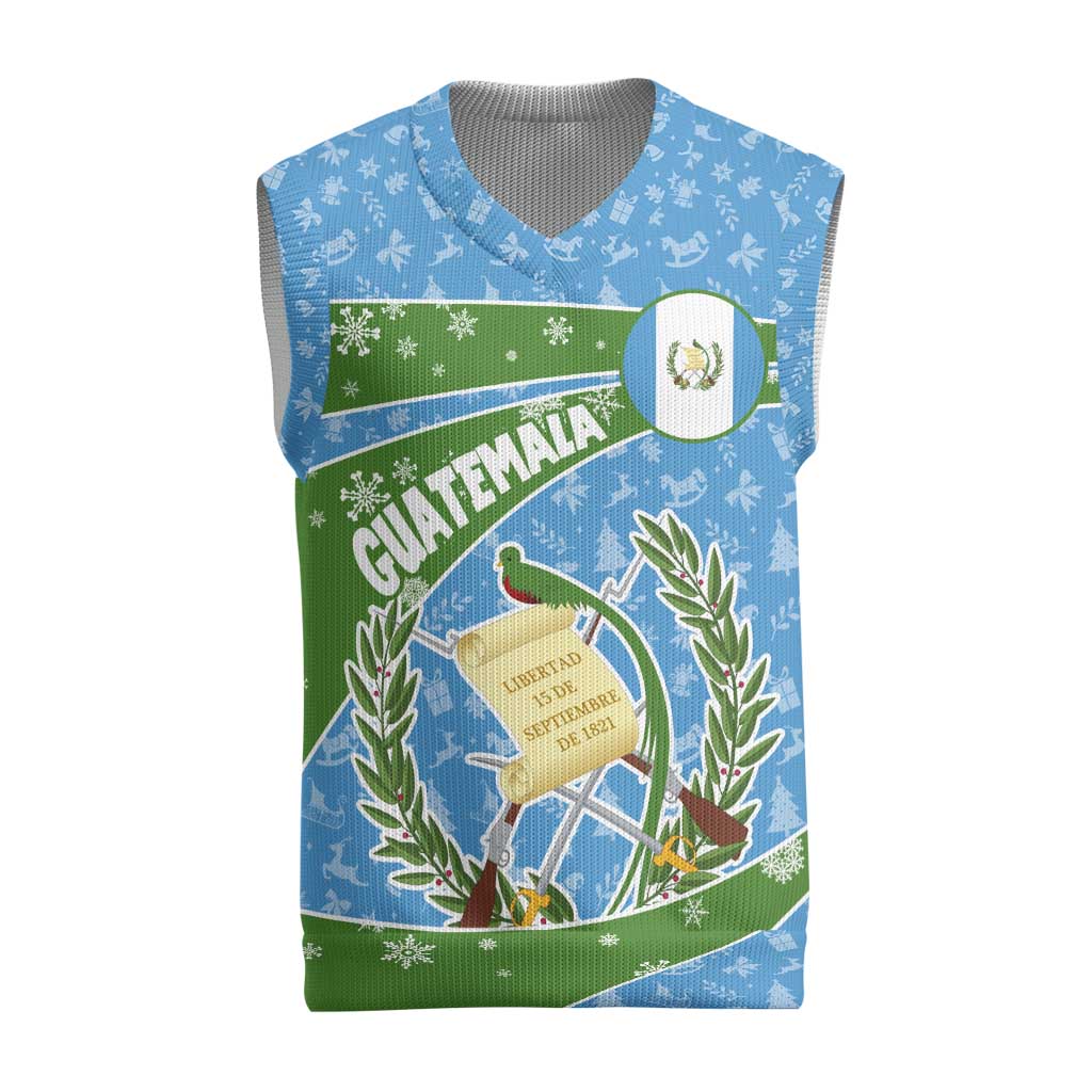 Guatemala Christmas Knitted V-Neck Vest with Blue Green Christmas Quetzal Bird Gift and Coat of Arms - Wonder Print Shop