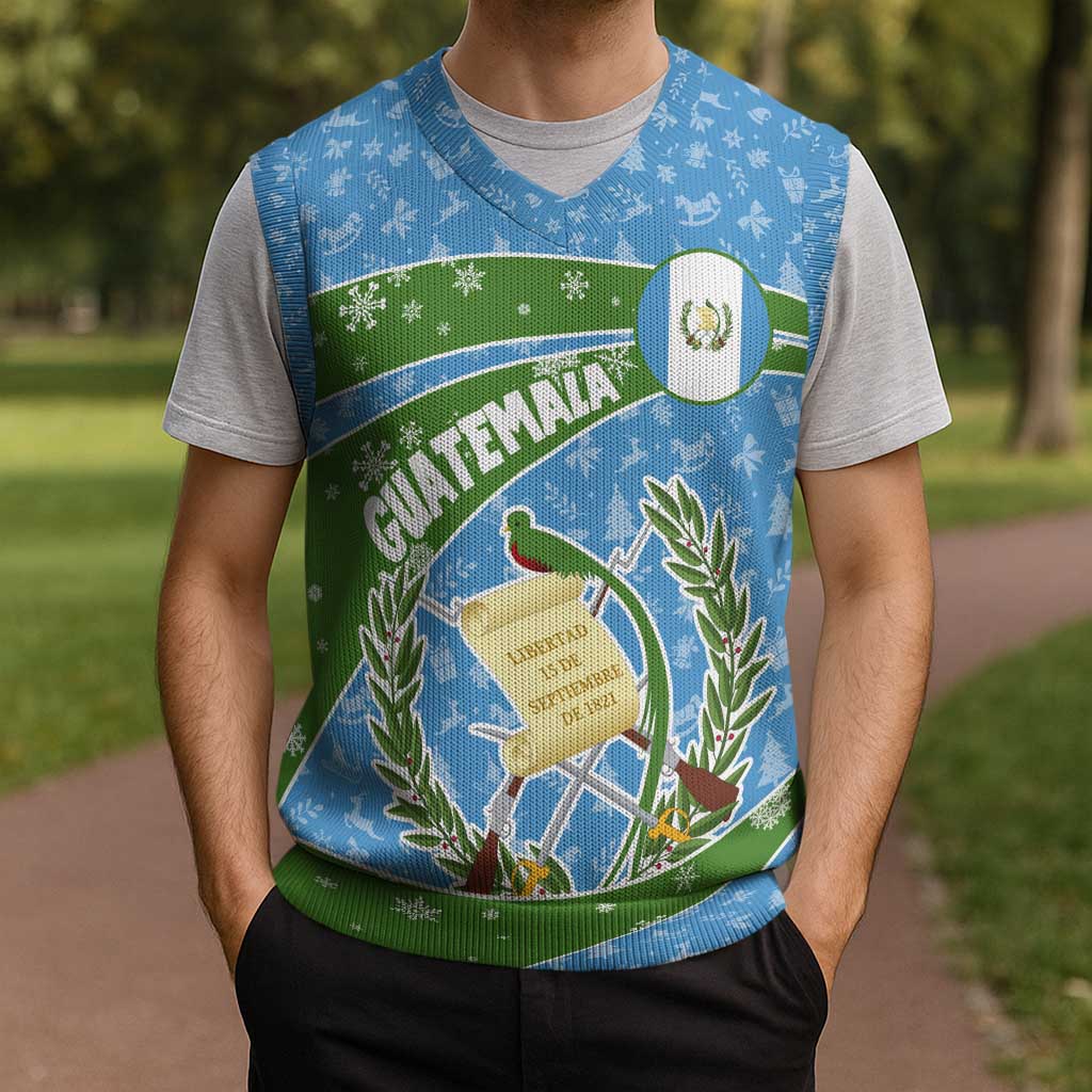 Guatemala Christmas Knitted V-Neck Vest with Blue Green Christmas Quetzal Bird Gift and Coat of Arms - Wonder Print Shop