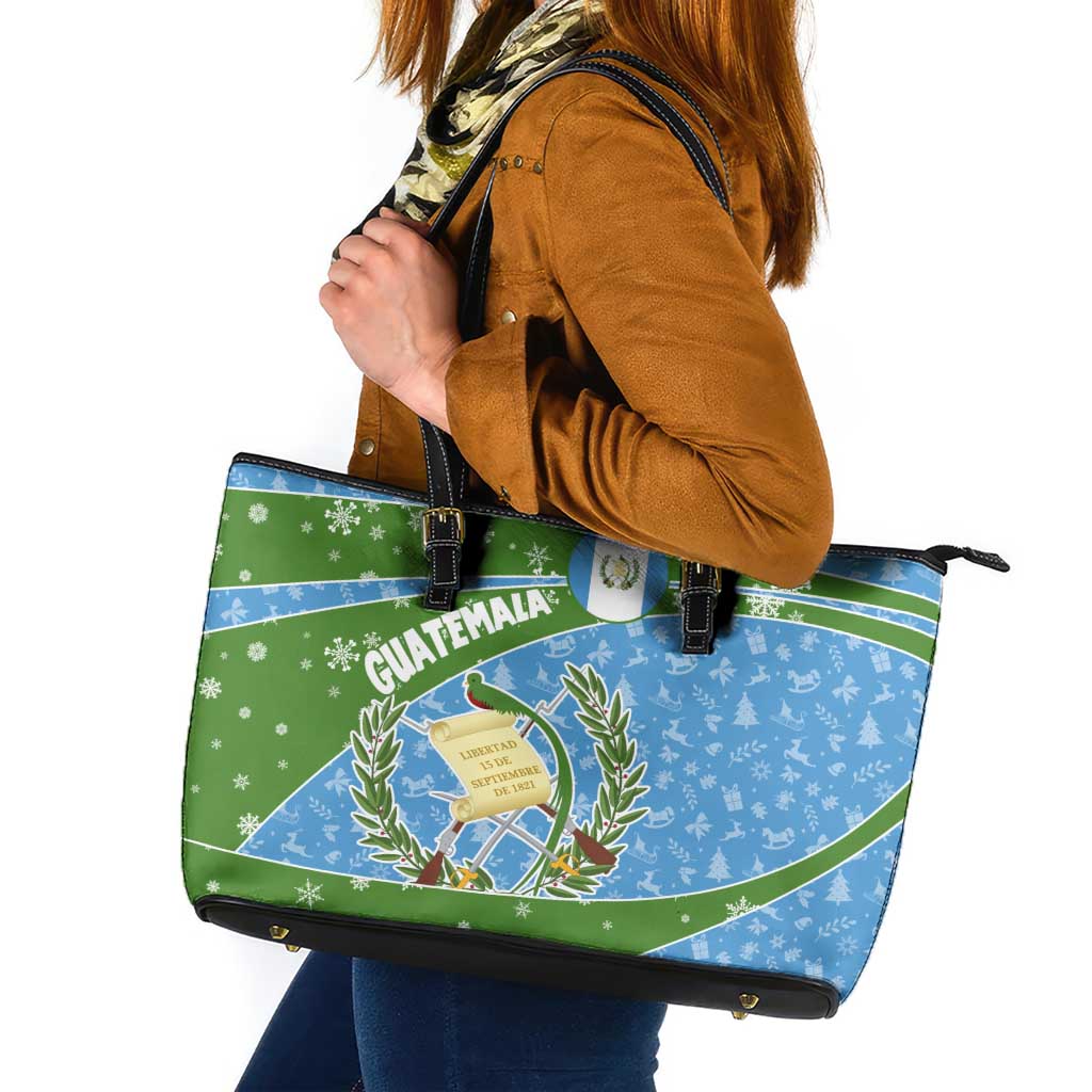 Guatemala Christmas Leather Tote Bag with Blue Green Christmas Quetzal Bird Gift and Coat of Arms - Wonder Print Shop