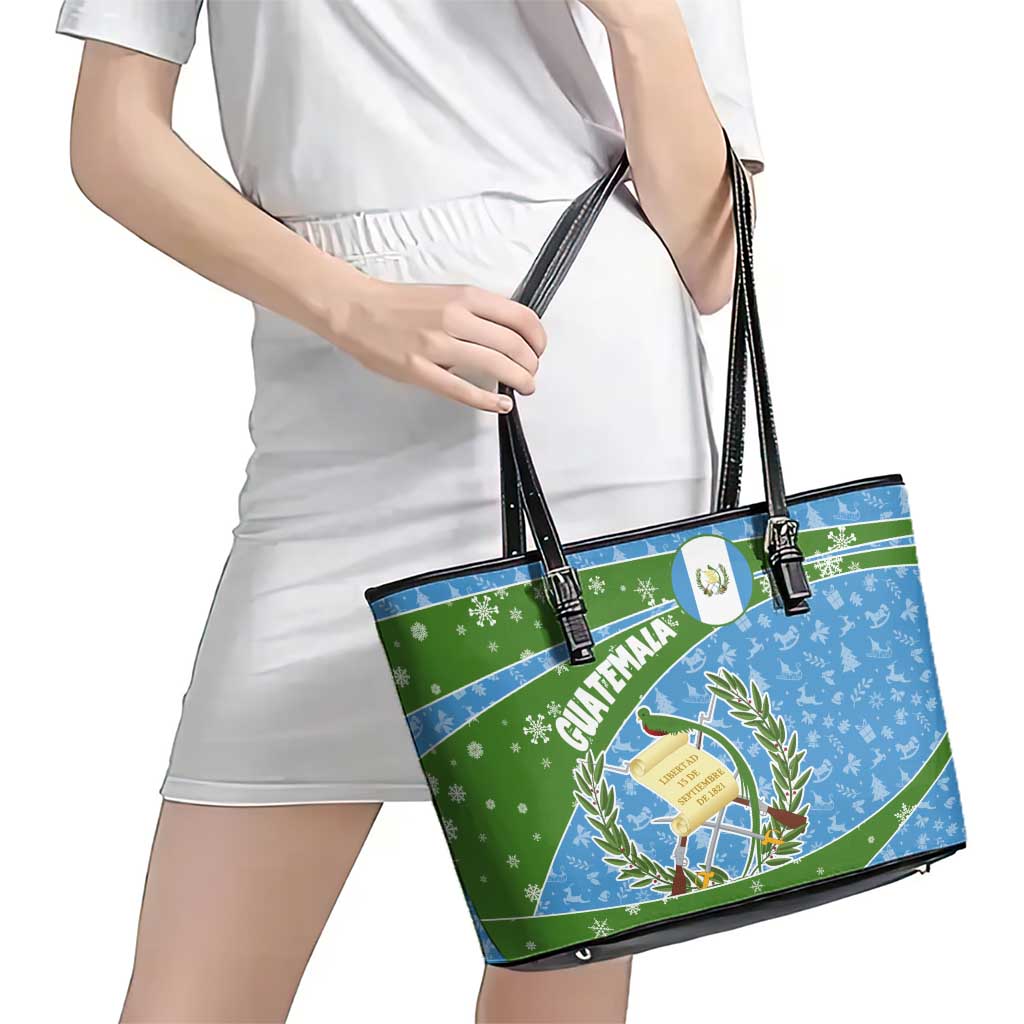 Guatemala Christmas Leather Tote Bag with Blue Green Christmas Quetzal Bird Gift and Coat of Arms - Wonder Print Shop