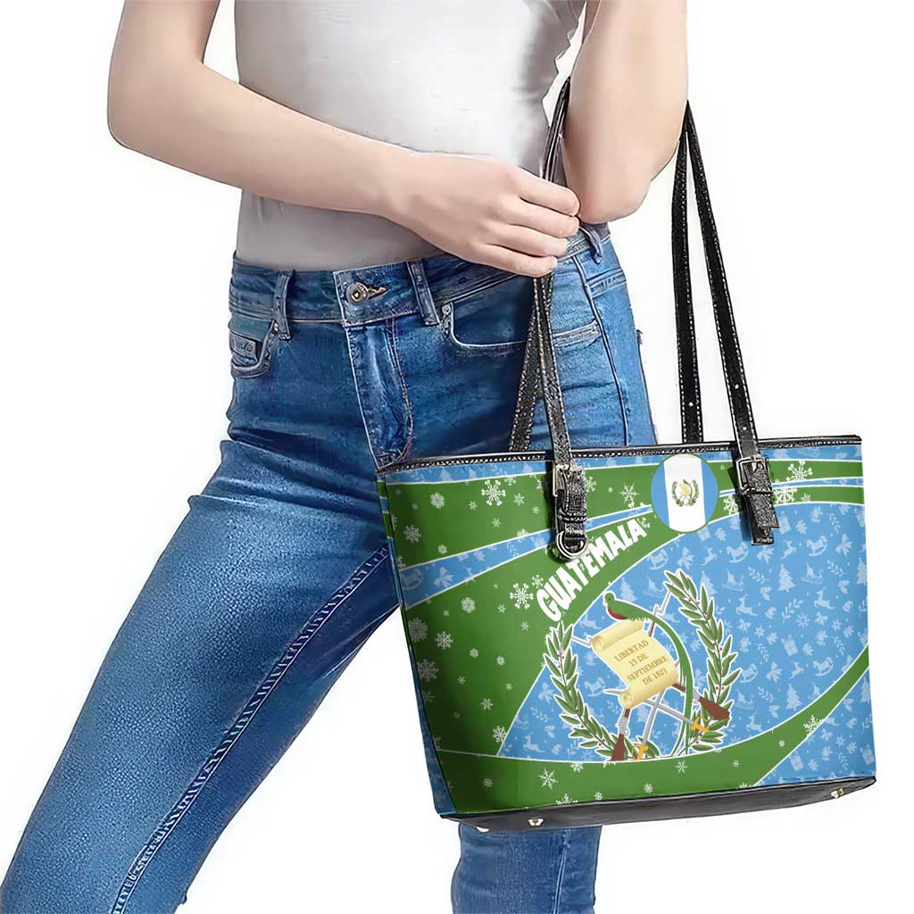 Guatemala Christmas Leather Tote Bag with Blue Green Christmas Quetzal Bird Gift and Coat of Arms - Wonder Print Shop