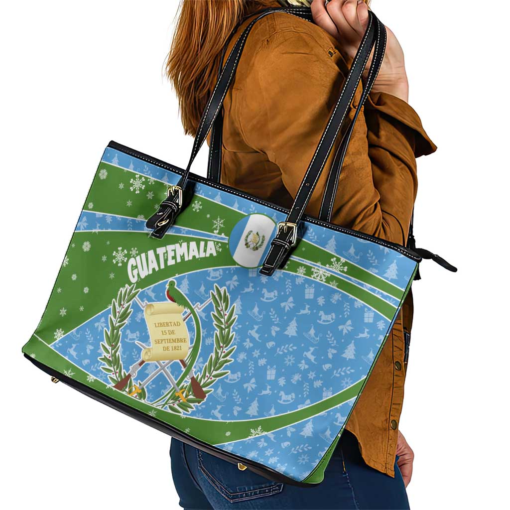 Guatemala Christmas Leather Tote Bag with Blue Green Christmas Quetzal Bird Gift and Coat of Arms - Wonder Print Shop