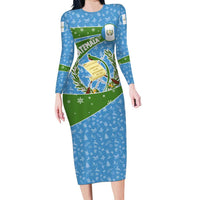 Guatemala Christmas Long Sleeve Bodycon Dress with Blue Green Christmas Quetzal Bird Gift and Coat of Arms - Wonder Print Shop