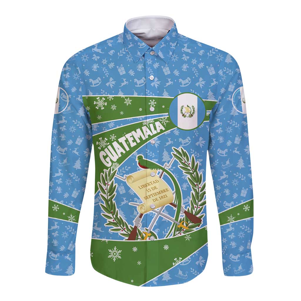 Guatemala Christmas Long Sleeve Button Shirt with Blue Green Christmas Quetzal Bird Gift and Coat of Arms - Wonder Print Shop
